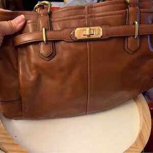 Coach Tan Leather Satchel with Gold Accents
